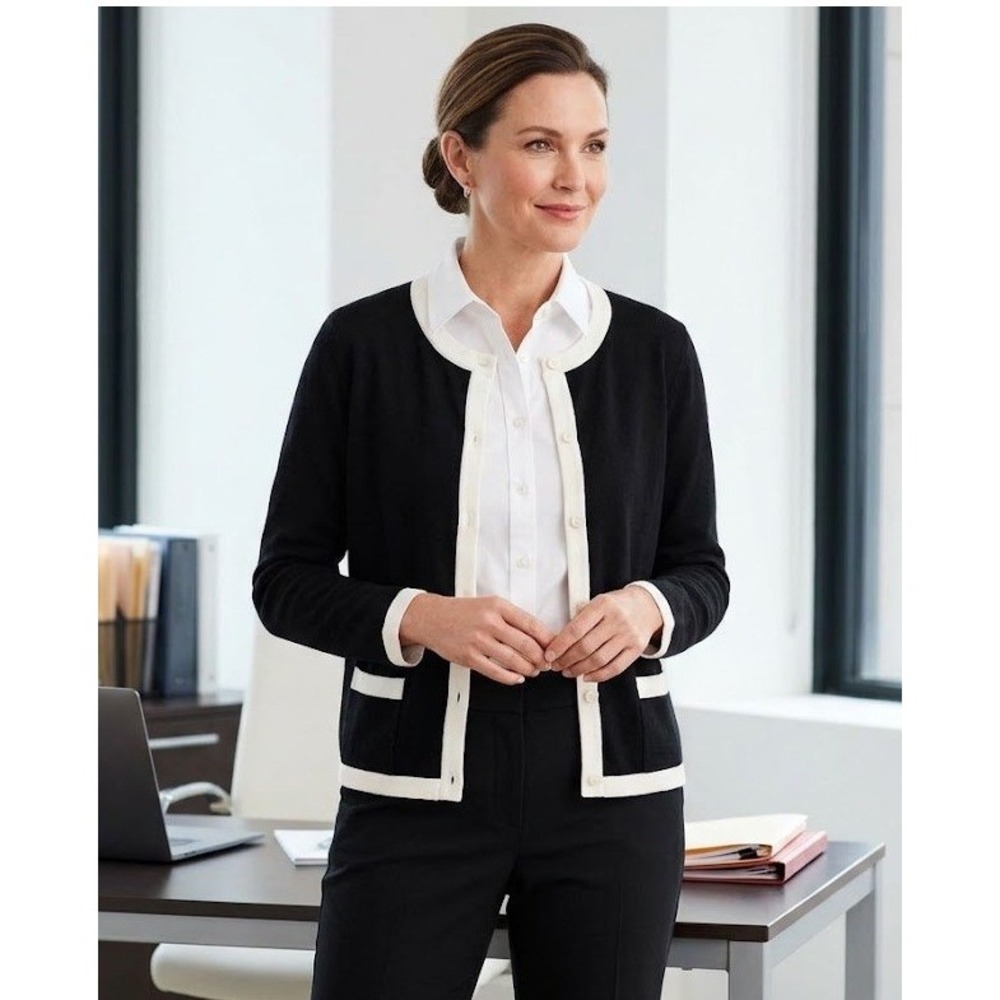 Talbots Cardigan Womens Petite Small Black White Pima Cotton Trim Classic Office